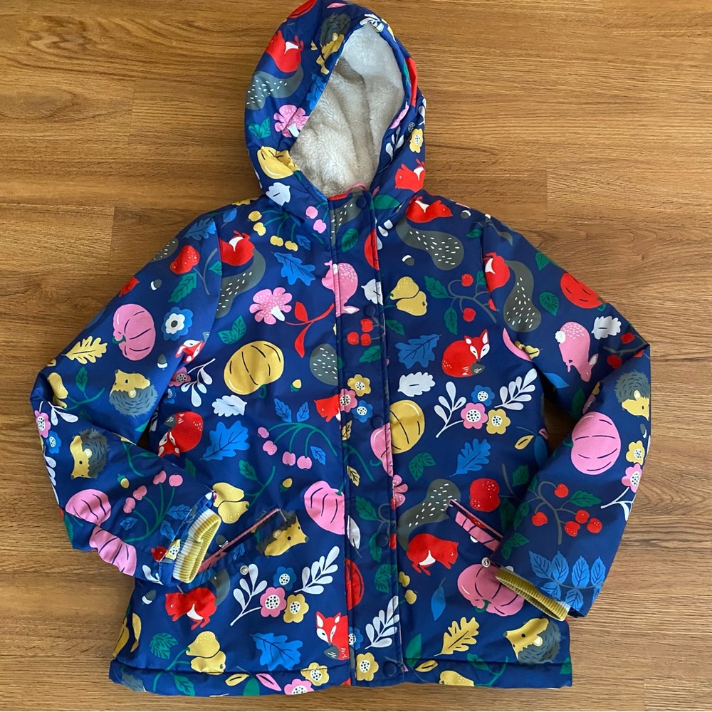 Mini Boden Sherpa Lined Anorak Starboard Blue Forest Friends jacket coat 11-12